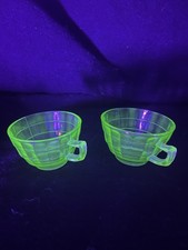 Two Anchor Hocking Green Depression Glass Tea Cups, "Block Optic",