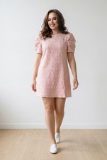 Women’s Pink Solid Jacquard Crew Neck Puff Sleeve Shift Mini Dress L Fit to M