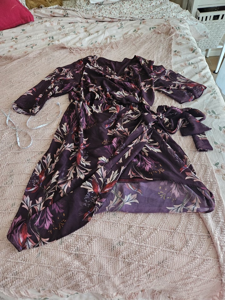 Purple Multicolour Floral mock Wrap Dress V-Neck 3/4 Sleeve Midi Size 14 Regular
