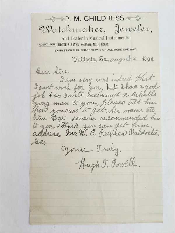 1898 antique P.M. CHILDRESS valdosta ga LETTERHEAD job referral N.C. MERRILL