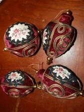 4 Beautiful Needlepoint & Velvet Ornaments 4 in. High, Victorian Look, Beautiful