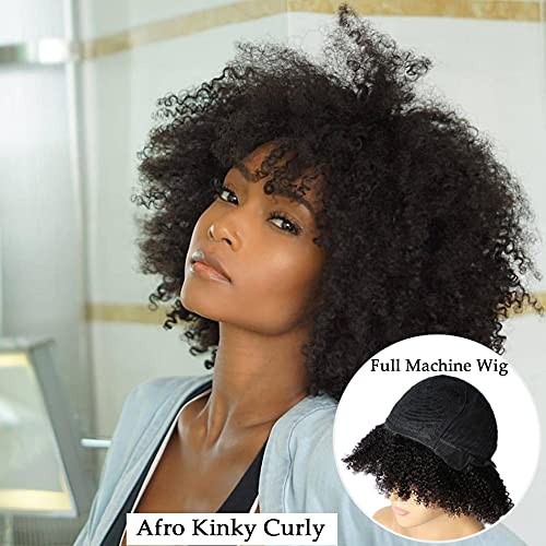 Afro Curly Human Hair Wigs With Bangs NoLace Front Wig Machine MadeWig For Women