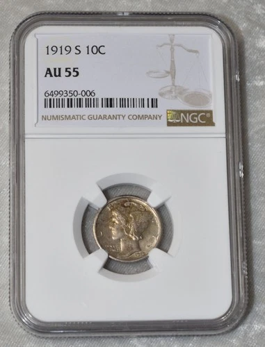 1919 S MERCURY DIME 90% SILVER CERTIFIED NGC AU 55 AU55 SAN FRANCISCO MINT COIN