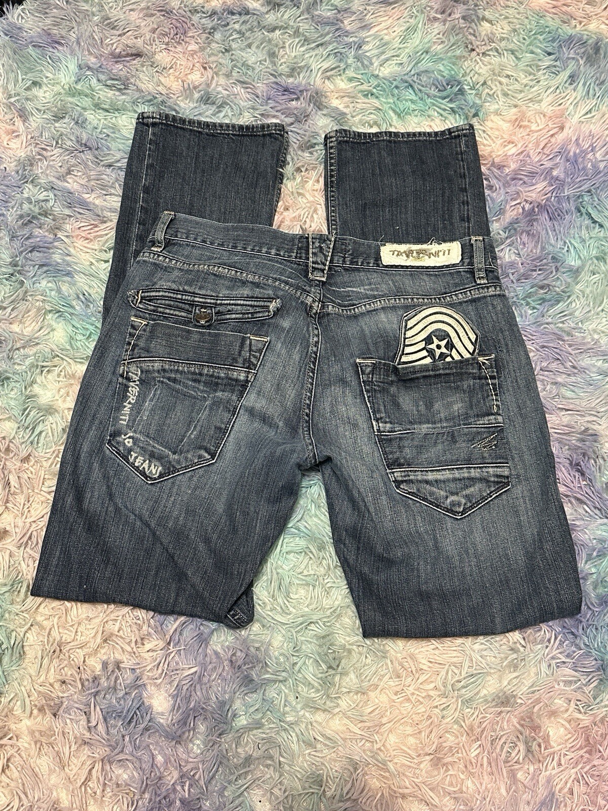 Taverniti Y2K Military Patch Distressed Flare Leg Blue Denim Jeans Womens Size 33