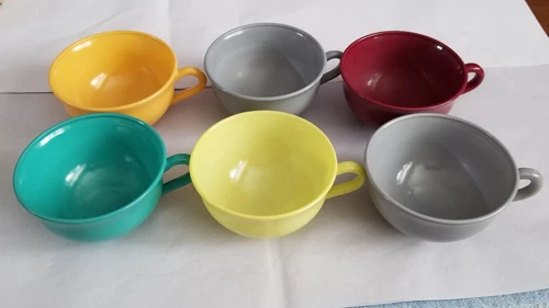 Vintage Hazel Atlas 1950's Teacups Milk Glass in  Green Yellow Gray Lot (6 Pcs.)