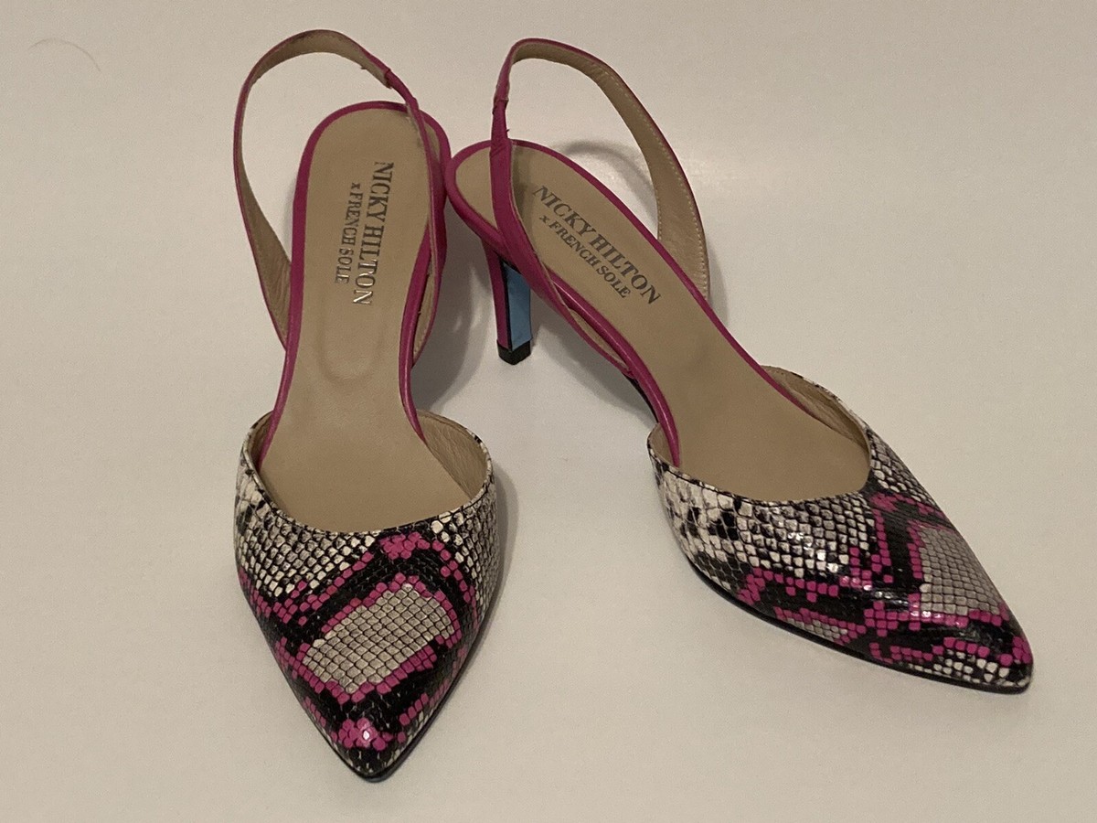 Cheetah Nicky Hilton French Sole Shoes Women's Pink Snake Heels