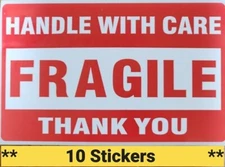 10 pc Fragile Handle With Care 3x5 Stickers Packaging Box Safety Mailing Labels