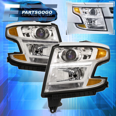 For 15-20 Chevy Tahoe Suburban Chrome Amber Projector Headlights LED Strip Lamps