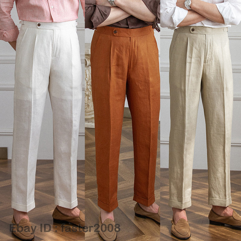 mens Gurkha Summer 100% linen Naples high waisted suit pants