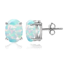 Sterling Silver Created White Opal 7x5mm Oval Stud Earrings