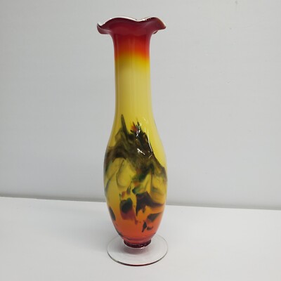 Vintage Dalian Art Glass Red Yellow Swirl Snowflakes Vase  Ruffled Top 9 