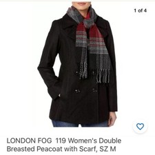 Ladies Xs Black London Fog Double Breasted Plaid Scarf Peacoat Rrp $225