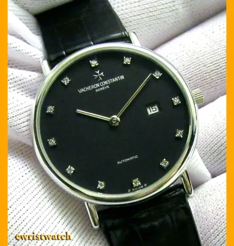 Vacheron Constantin Patrimony Auto Date 18K White Gold Black Diamond Dial 48002
