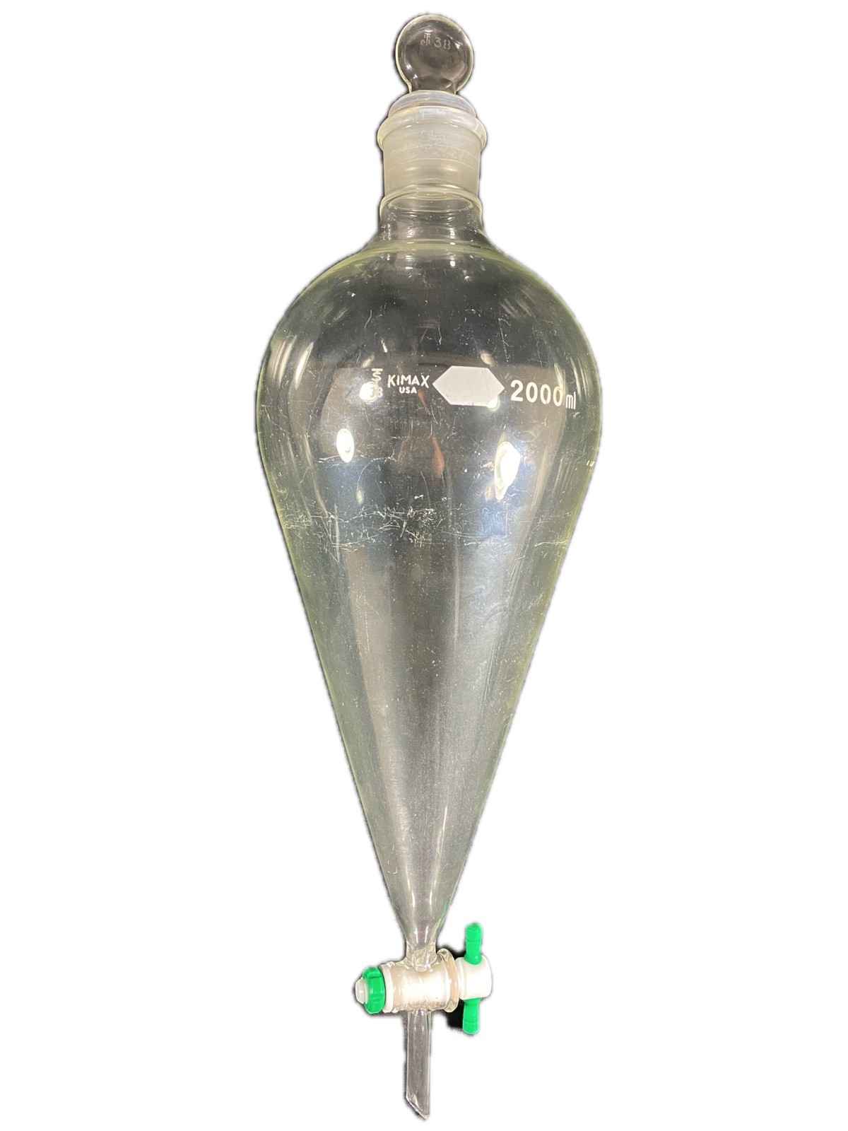 KIMBLE KIMAX 2000mL Squibb Separatory Funnel w/ Stopcock #38 Neck 29048F-2000