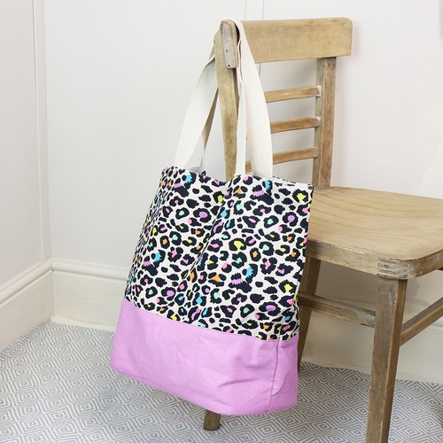 Large Cotton Beach Bag – Blue Animal Print Tote with Natural Handles Lined - Picture 11 of 12