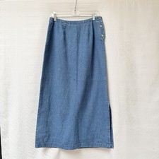 Vintage Eddie Bauer Women  s 10 Side Button Blue Denim Midi Skirt Festival Party