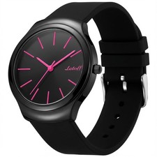 Black Watch with Pink Accents, Silicone Strap Minimalist Design, Lightweigh...
