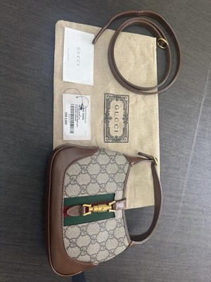 Gucci Jackie 1961 GG Web Small Shoulder Bag Brown Gold Hardware Dust Bag