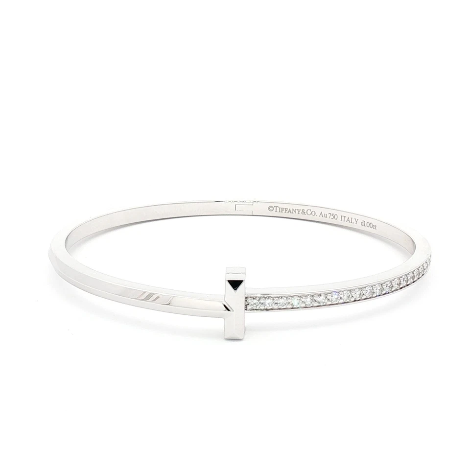 Auténtico brazalete Tiffany & Co. T1 con bisagras de diamantes estrechos de oro blanco de 18 k mediano Foto 2 de 4