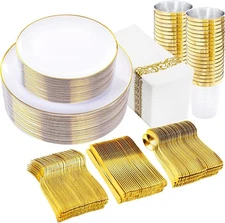  350pcs White and Gold Plastic Plates,Gold Plastic Dinnerware  Guests Include