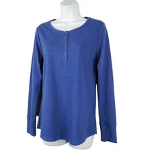 Blue Mountain Top Womens Size Small Blue Snap Henley Long Sleeve Ribbed Knit