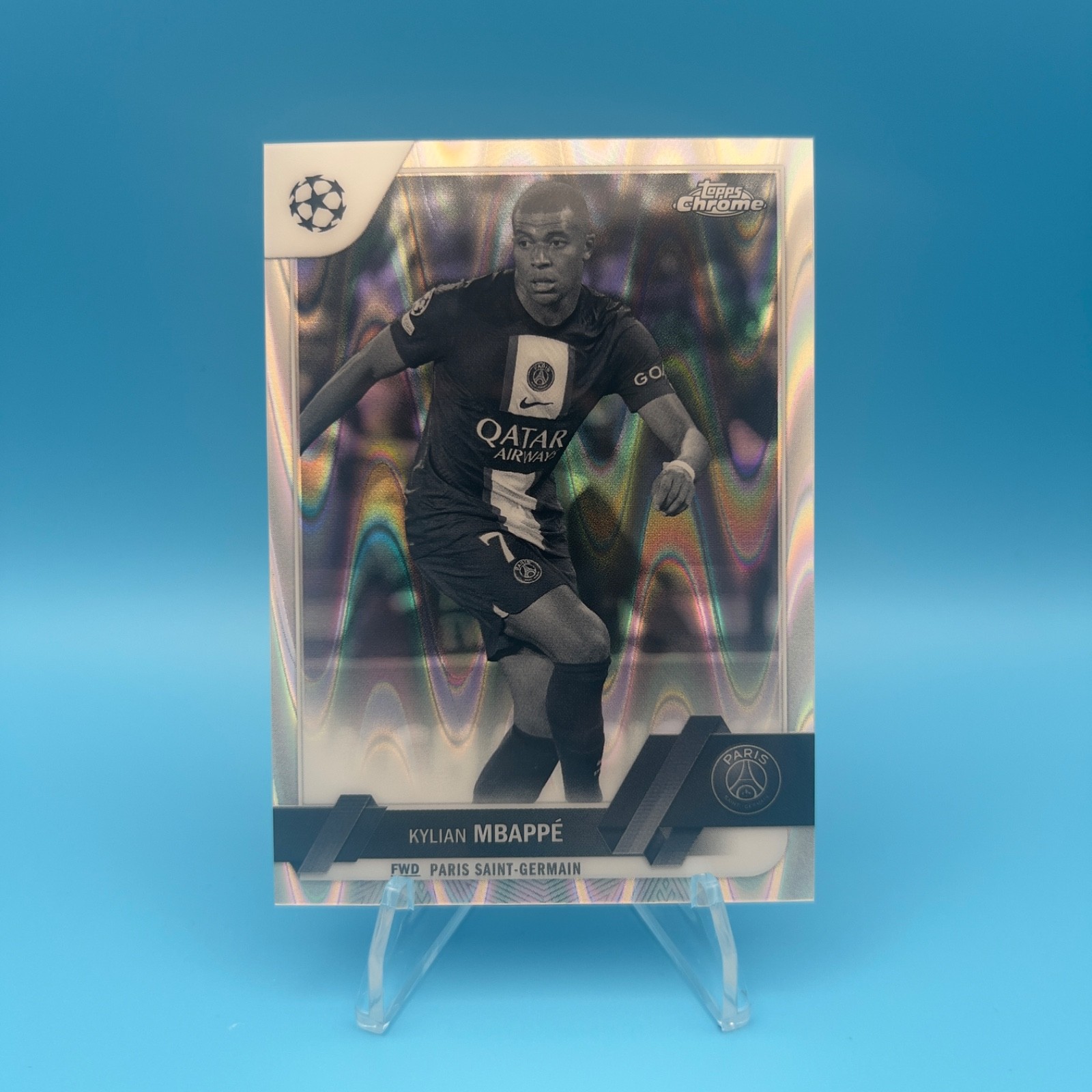 Kylian Mbappe 2022-2023 Topps Chrome UEFA CL Black and White RayWave Refract#100