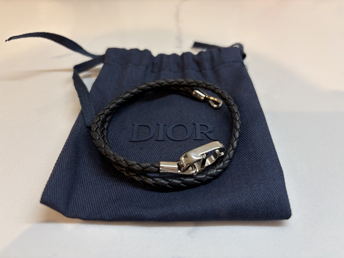 Christian Dior Men's CD Icon Braided Leather Double Bracelet Black