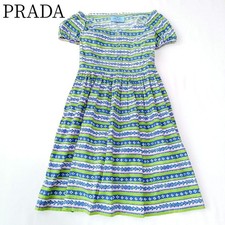 USED 【PRADA】FLORAL, BOTANICAL, STRIPED, MULTICOLORED, FLARED DRESS GOOD