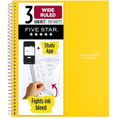 Five Star Spiral Notebook + Study App, 3 Subject, Wide Ruled Paper, 8 x 10-1/...