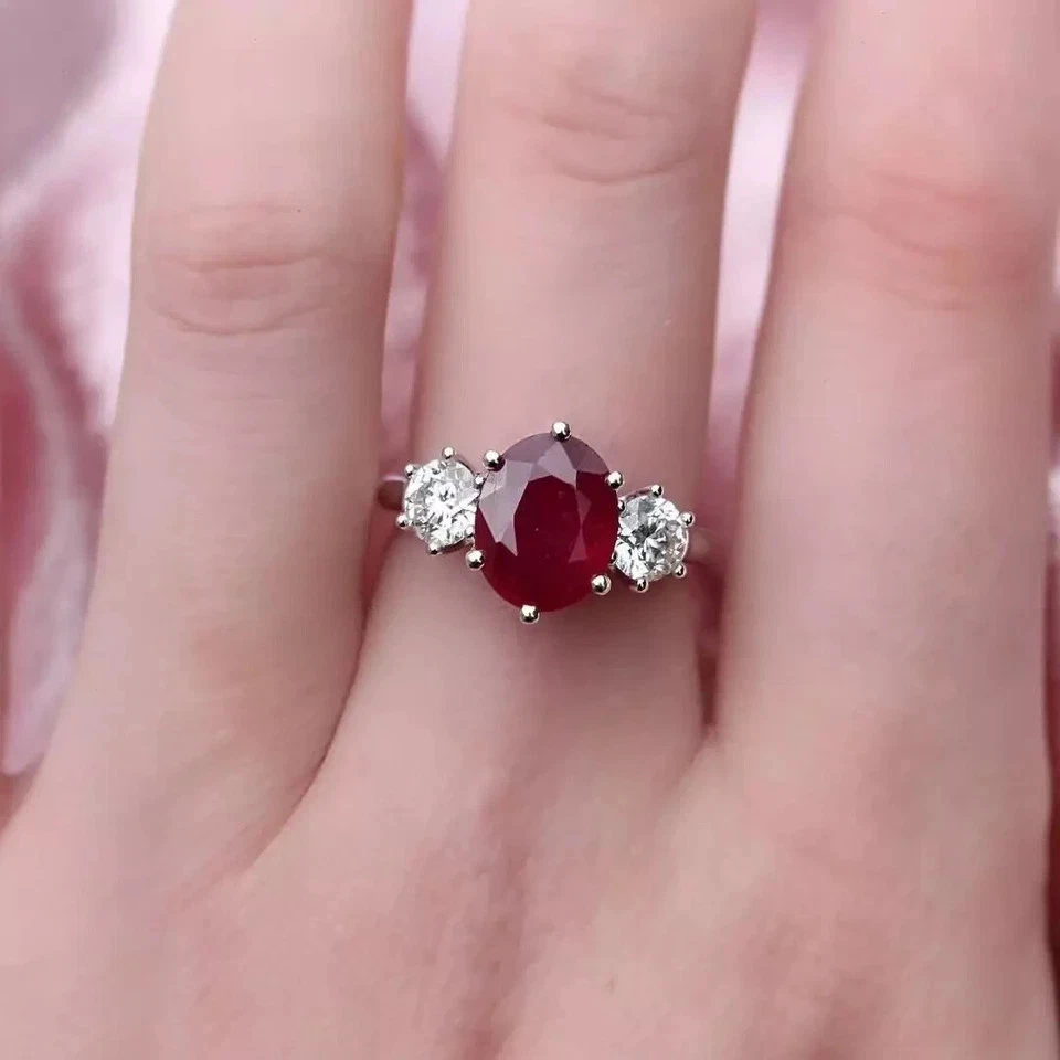 4.10 Ct Oval Cut Certified Natural Ruby & Diamond Wedding Ring 18K White Gold - Image 3 of 4