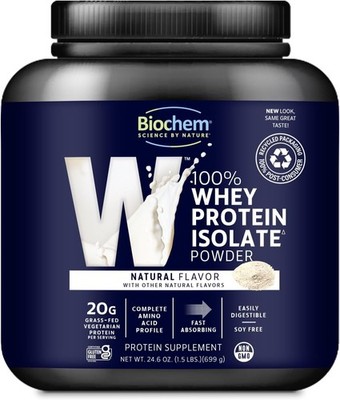 Biochem 100% Whey Protein Isolate - Grass Fed Natural 1.5 lbs (699 grams)
