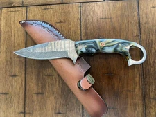 CUSTOM HANDMADE DAMASCUS RESIN HANDLE KNIFE WITH PREMIMUM LEATHER SHEATH 143/14