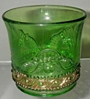 US Glass JEWEL/Lacy Medallion Green/Gold Toothpick Holder Souvenir Malone NY