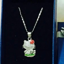 Hello Kitty S925 Silver Pendant Necklace Platinum Plated CZ Chain S-Shaped