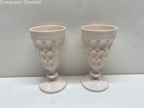 Vintage Jeannette Shell Pink Milk Glass Thumbprint Goblets Set of 2