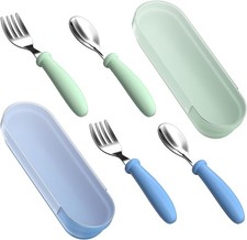 Toddler Utensils, Forks and Spoons, Baby 2 SET: Blue  Green