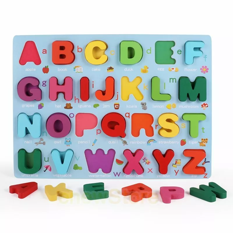 Alphabet Wooden Puzzle, ABC Montessori Puzzle Board, Learning Words,  Preschool Educational Game 