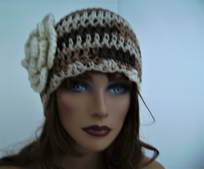 BROWN MULTI BONE FLOWER BEANIE CAP HAT HAND CROCHET BERET  display picture 1