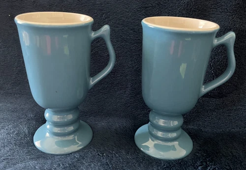2 Vintage Blue MCM Hall Irish Coffee Pedestal Footed 10 Oz Cup Mug, Made in USA