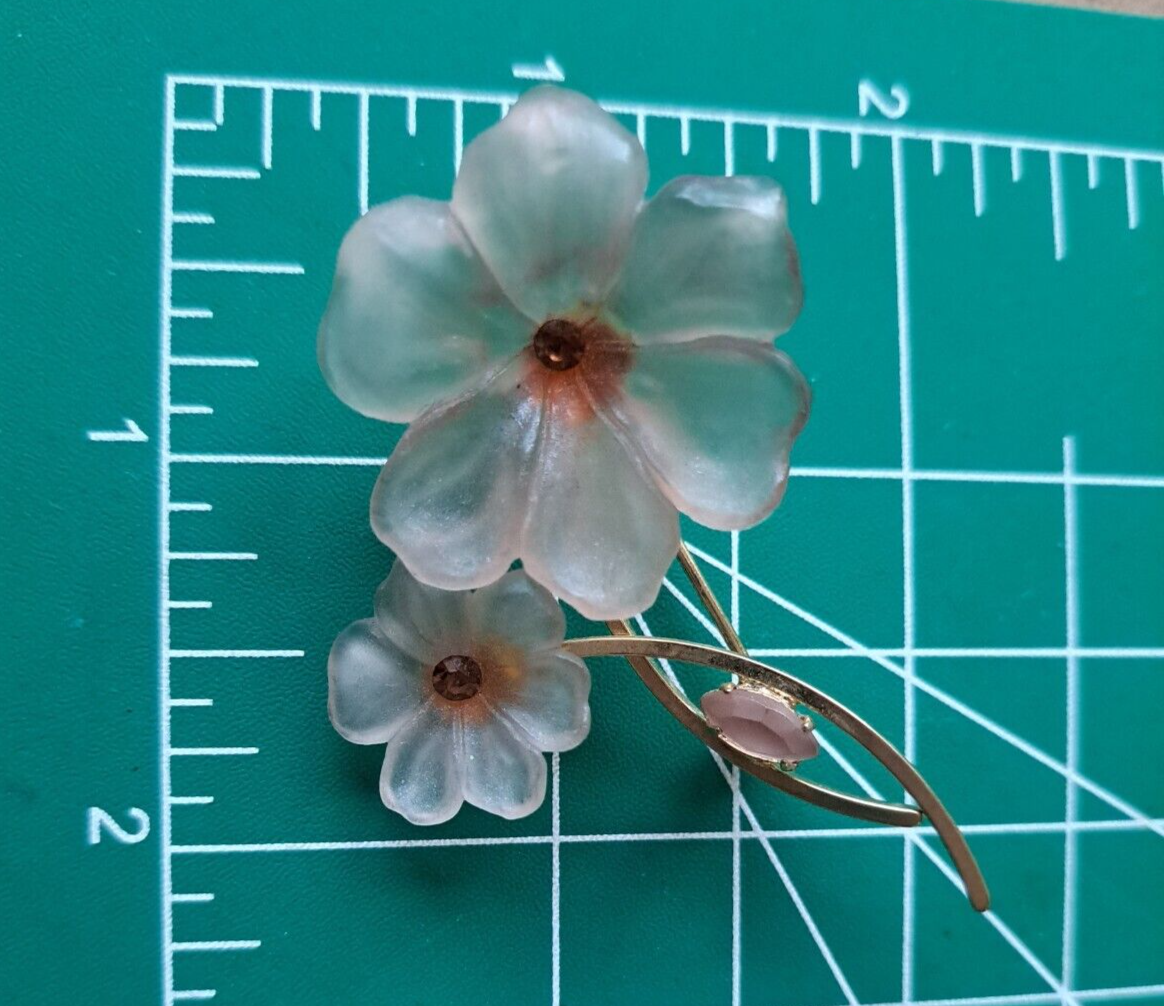 Vintage Metal Brooch Pin Light Pink Plastic Rhinestone Flowers Floral 2