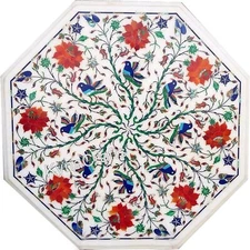 White Marble End Table Top with Decent Look Gemstone Inlay Work Coffee Table Top