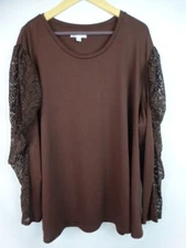 Cato Women's Top Plus Size 26/28W 4X Brown Sheer Lace Long Sleeve Shirt
