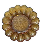 Indiana Glass  Amber Orange Hobnail Egg Dish Deviled Halloween 15 Eggs indents +