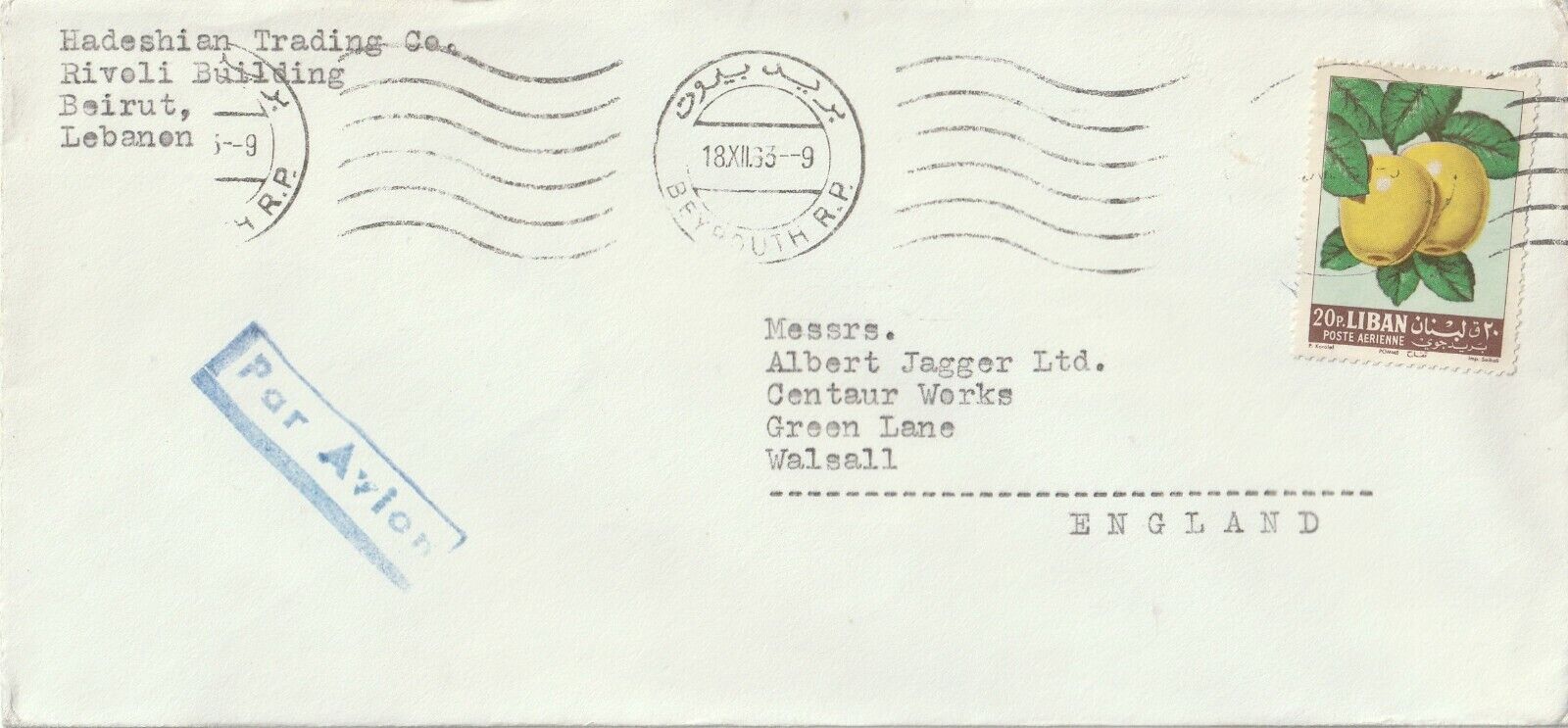 1963 Lebanon cover sent from Beyrouth to Walsall UK