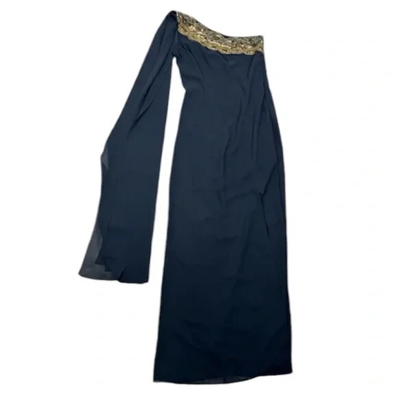 Jean-Louis Scherrer Black Gold Bead Cape Full Length One Shoulder