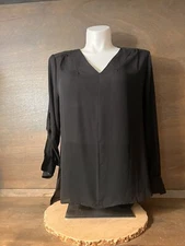 Pure Energy Blouse SHEER Black BUTTON UP Sleeve Womens Size X VEE NECK EUC