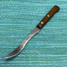 Vtg Flint Vanadium GRAPEFRUIT KNIFE Serrated Curved Blade w Wood Handle USA