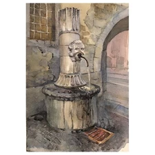 ORIGINAL Art Watercolour Cityscape  Italian Fountain 13.3"x9.4" Tatiana Ilitzky