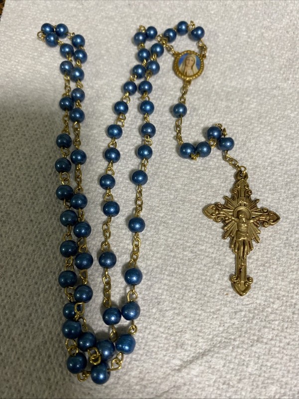 Vintage Blue Pearl Like Beaded Rosary-gold Tone Crucifix W/ Virgin Mary