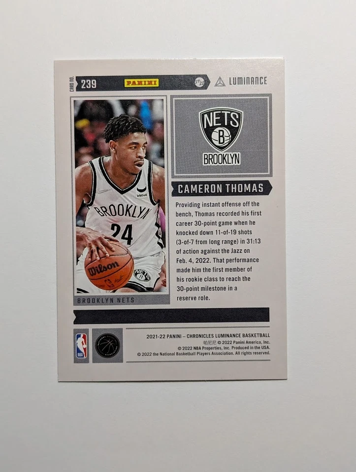 CAMERON THOMAS 2021-22 Panini Chronicles Luminance #239 Rookie RC - Image 2 of 2